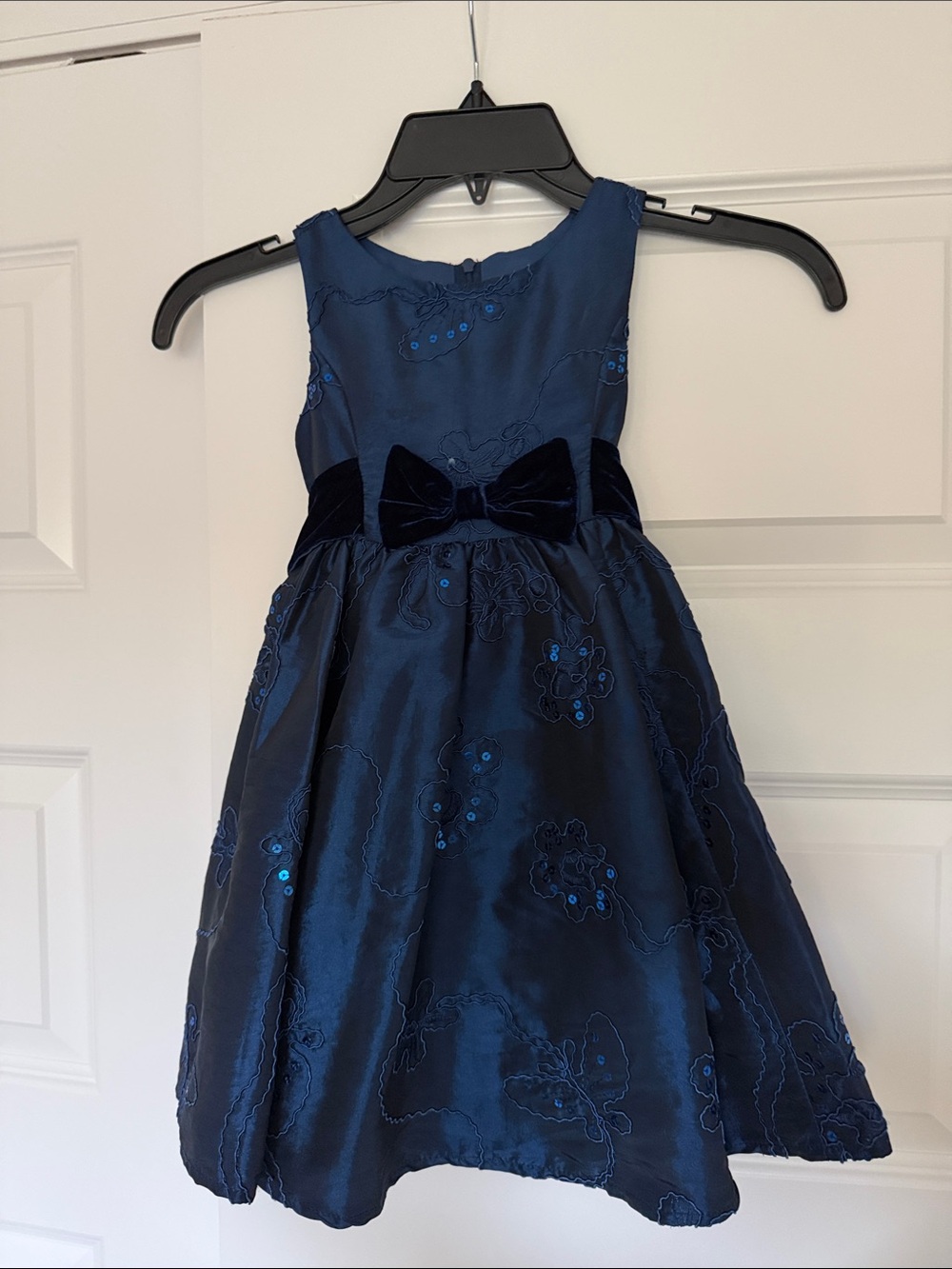 Girls Navy Embroidered Party Dress with Velvet Bow
